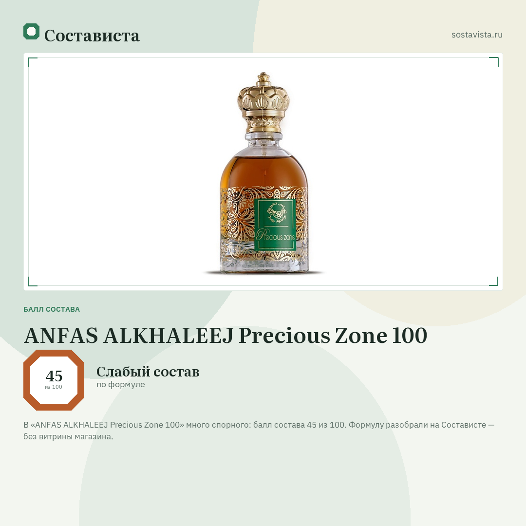 ANFAS ALKHALEEJ Precious Zone 100: балл состава 45 из 100 — Состависта
