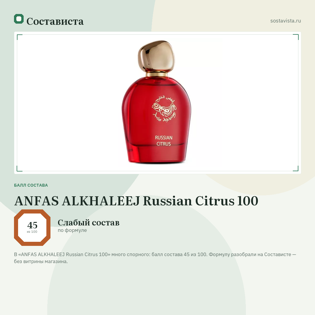 ANFAS ALKHALEEJ Russian Citrus 100: балл состава 45 из 100 — Состависта
