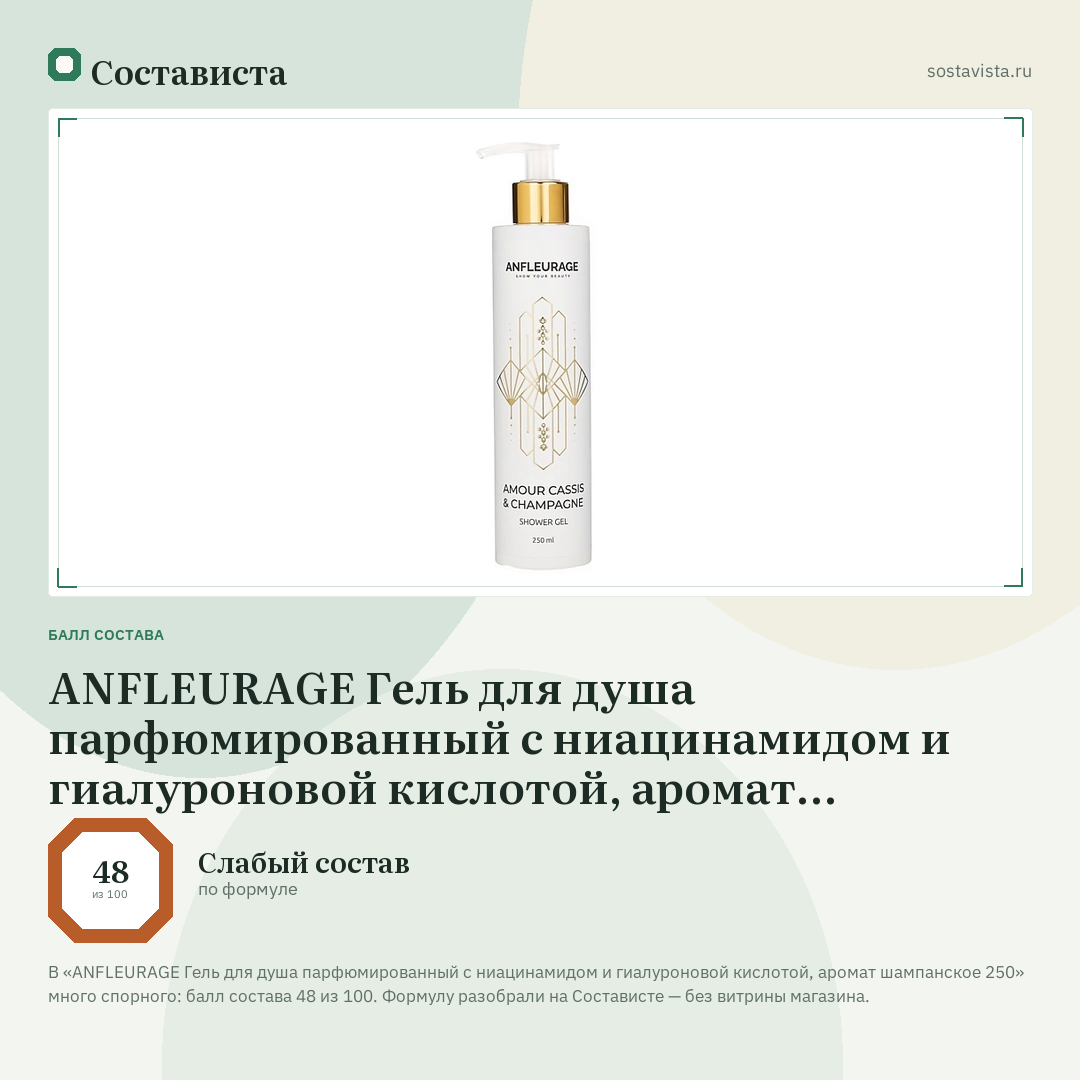ANFLEURAGE Гель для душа парфюмированный с ниацинамидом и гиалуроновой кислотой, аромат шампанское 250: балл состава 48 из 100 — Состависта