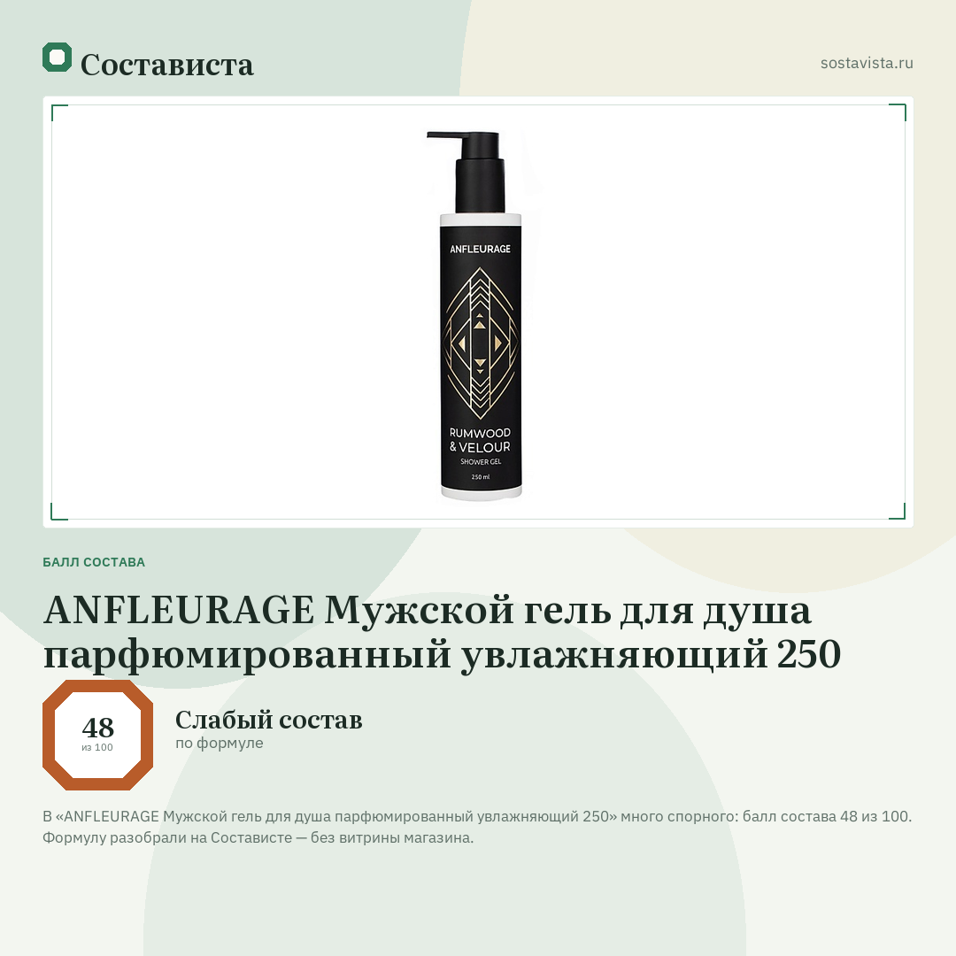 ANFLEURAGE Мужской гель для душа парфюмированный увлажняющий 250: балл состава 48 из 100 — Состависта