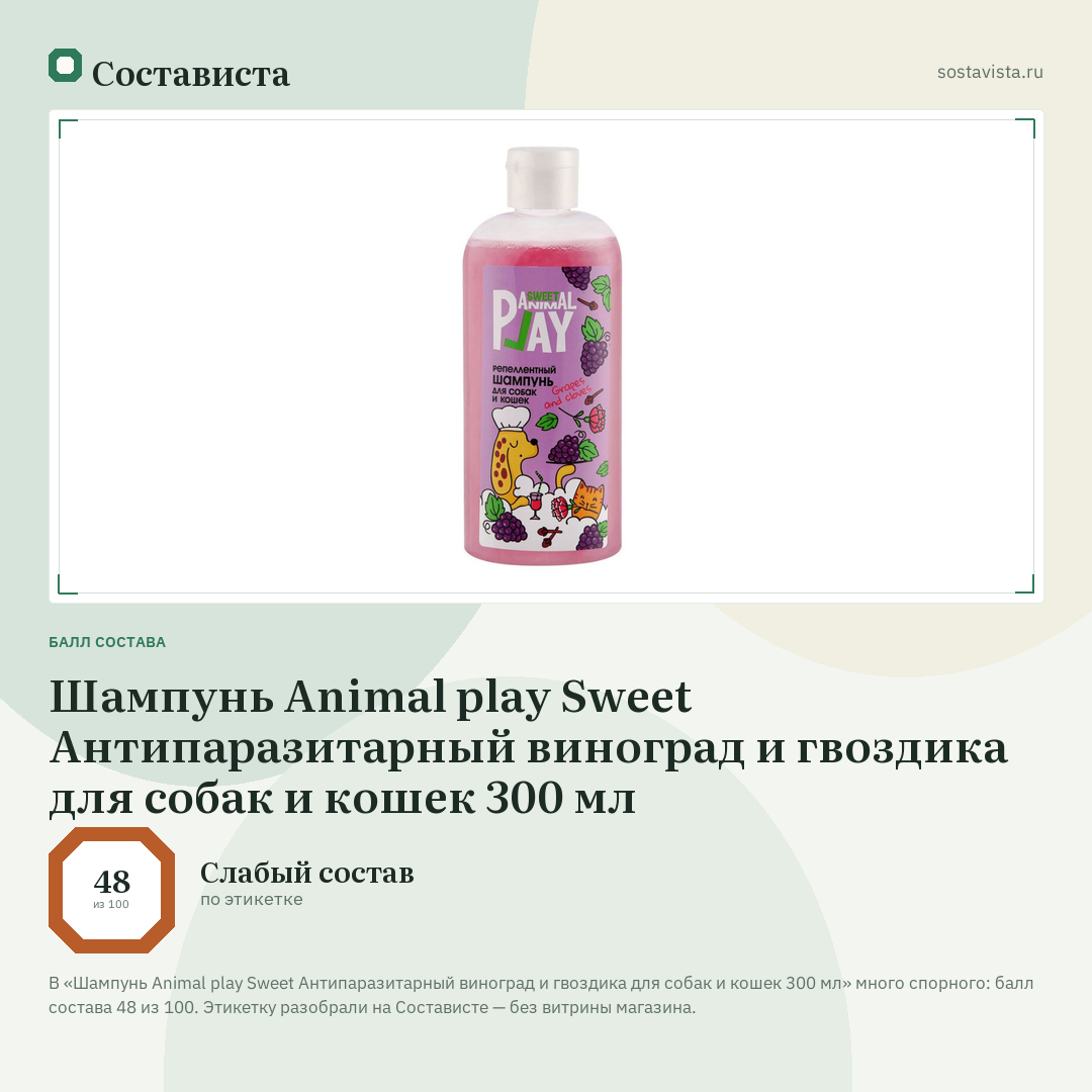 Шампунь Animal play Sweet Антипаразитарный виноград и гвоздика для собак и кошек 300 мл: балл состава 48 из 100 — Состависта