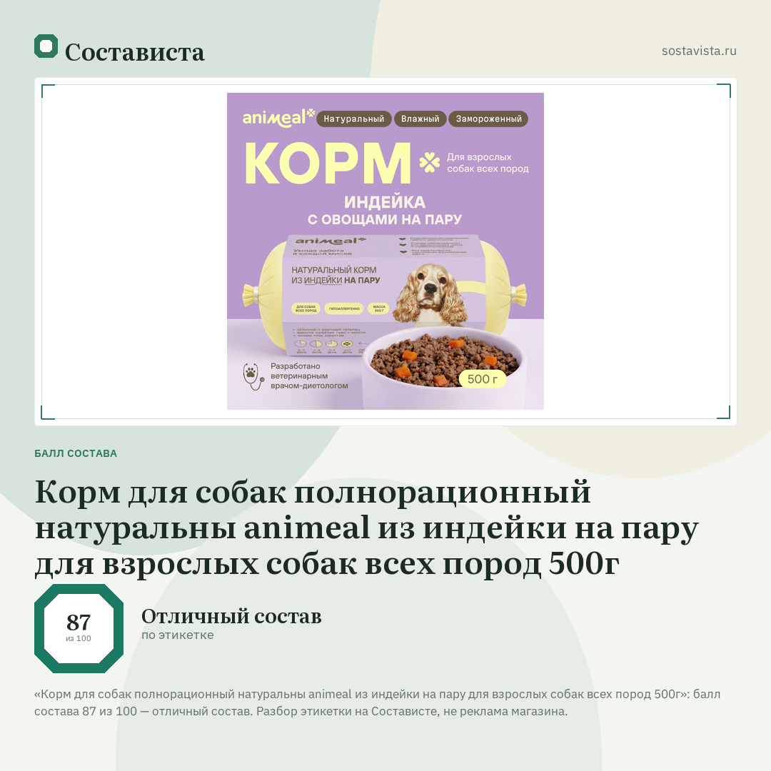 Корм для собак полнорационный натуральны animeal из индейки на пару для взрослых собак всех пород 500г: балл состава 87 из 100 — Состависта
