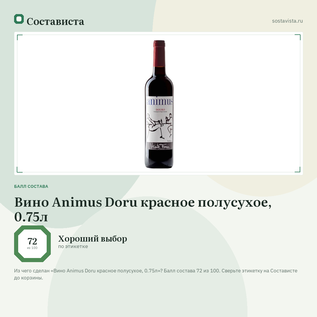 Вино Animus Doru красное полусухое, 0.75л: балл состава 72 из 100 — Состависта