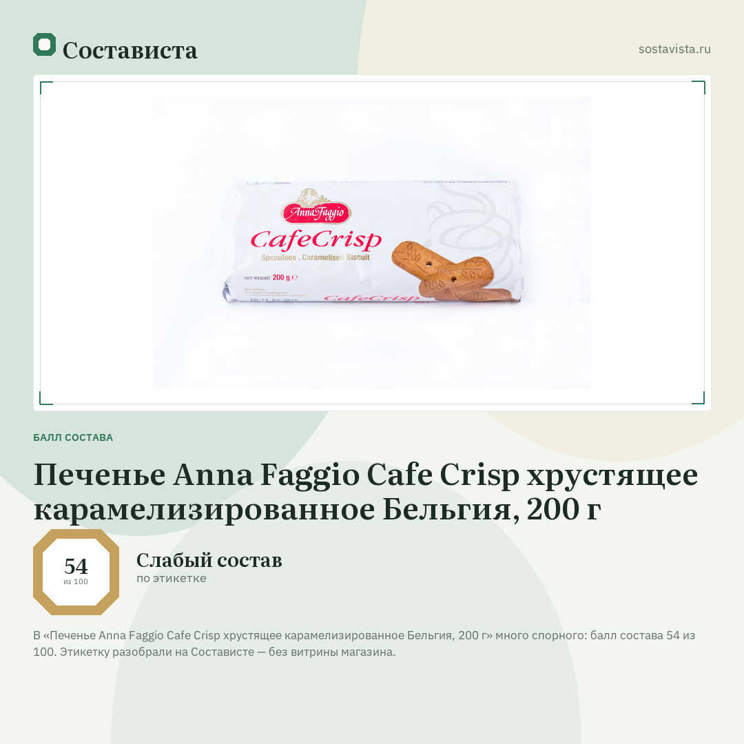 Печенье Anna Faggio Cafe Crisp хрустящее карамелизированное Бельгия, 200 г: балл состава 54 из 100 — Состависта