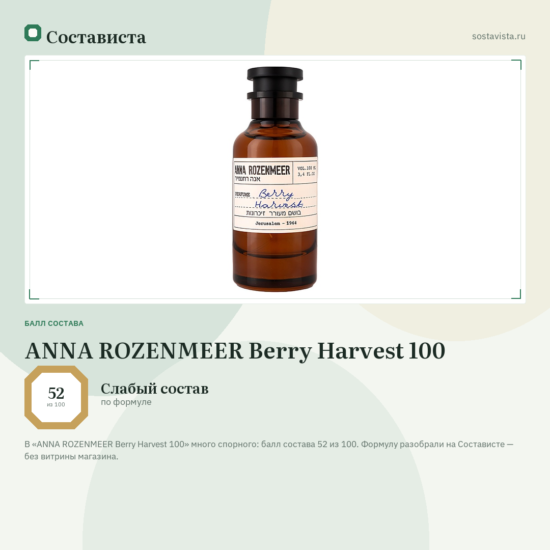 ANNA ROZENMEER Berry Harvest 100: балл состава 52 из 100 — Состависта