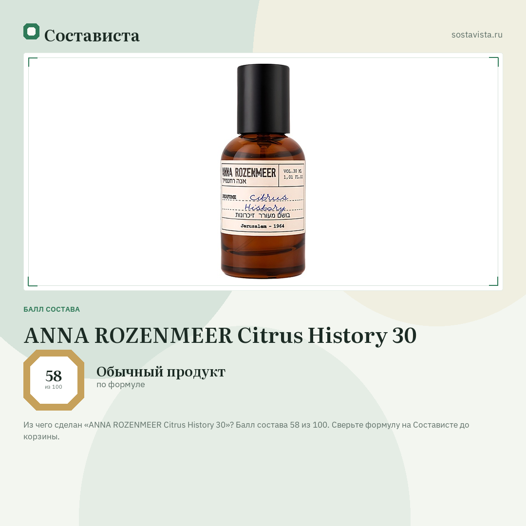 ANNA ROZENMEER Citrus History 30: балл состава 58 из 100 — Состависта