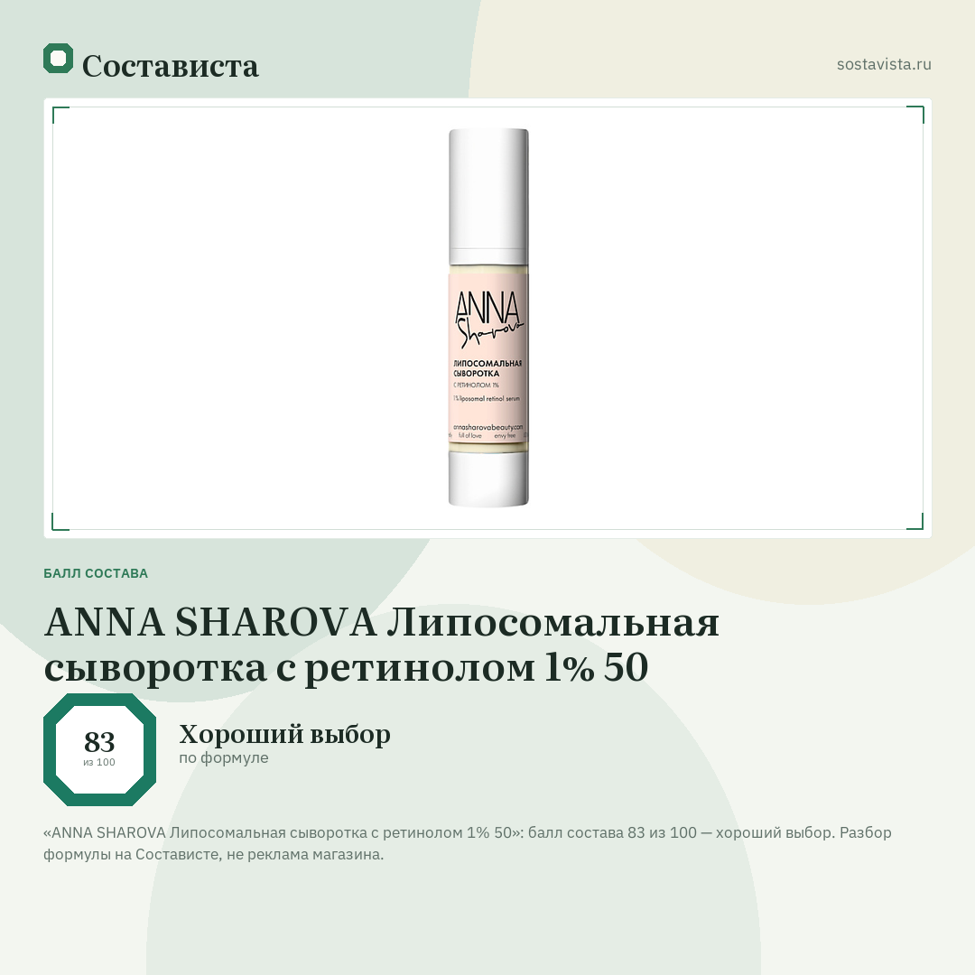 ANNA SHAROVA Липосомальная сыворотка с ретинолом 1% 50: балл состава 83 из 100 — Состависта
