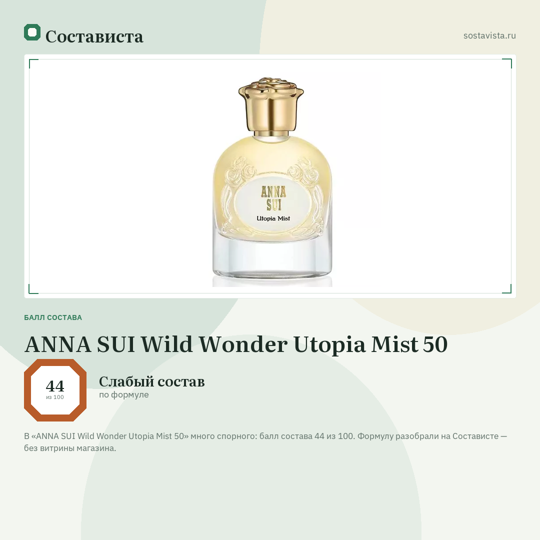 ANNA SUI Wild Wonder Utopia Mist 50: балл состава 44 из 100 — Состависта