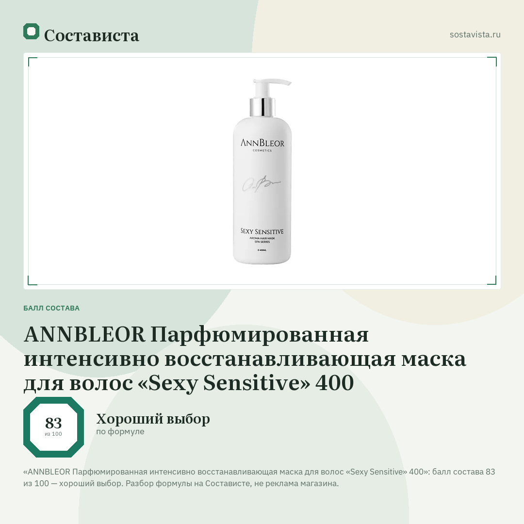 ANNBLEOR Парфюмированная интенсивно восстанавливающая маска для волос «Sexy Sensitive» 400: балл состава 83 из 100 — Состависта