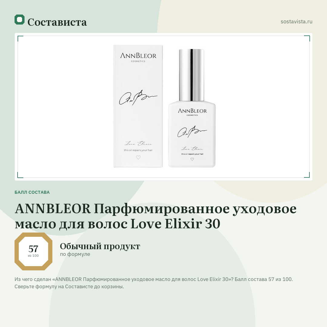 ANNBLEOR Парфюмированное уходовое масло для волос Love Elixir 30: балл состава 57 из 100 — Состависта