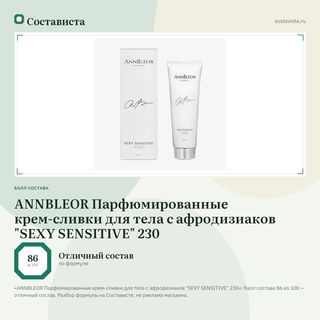 ANNBLEOR Парфюмированные крем-сливки для тела с афродизиаков "SEXY SENSITIVE" 230: балл состава 86 из 100 — Состависта