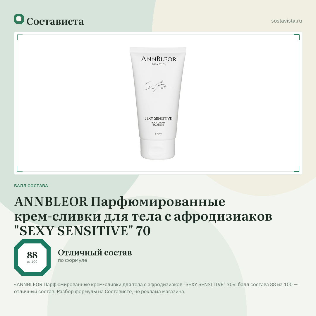ANNBLEOR Парфюмированные крем-сливки для тела с афродизиаков "SEXY SENSITIVE" 70: балл состава 88 из 100 — Состависта