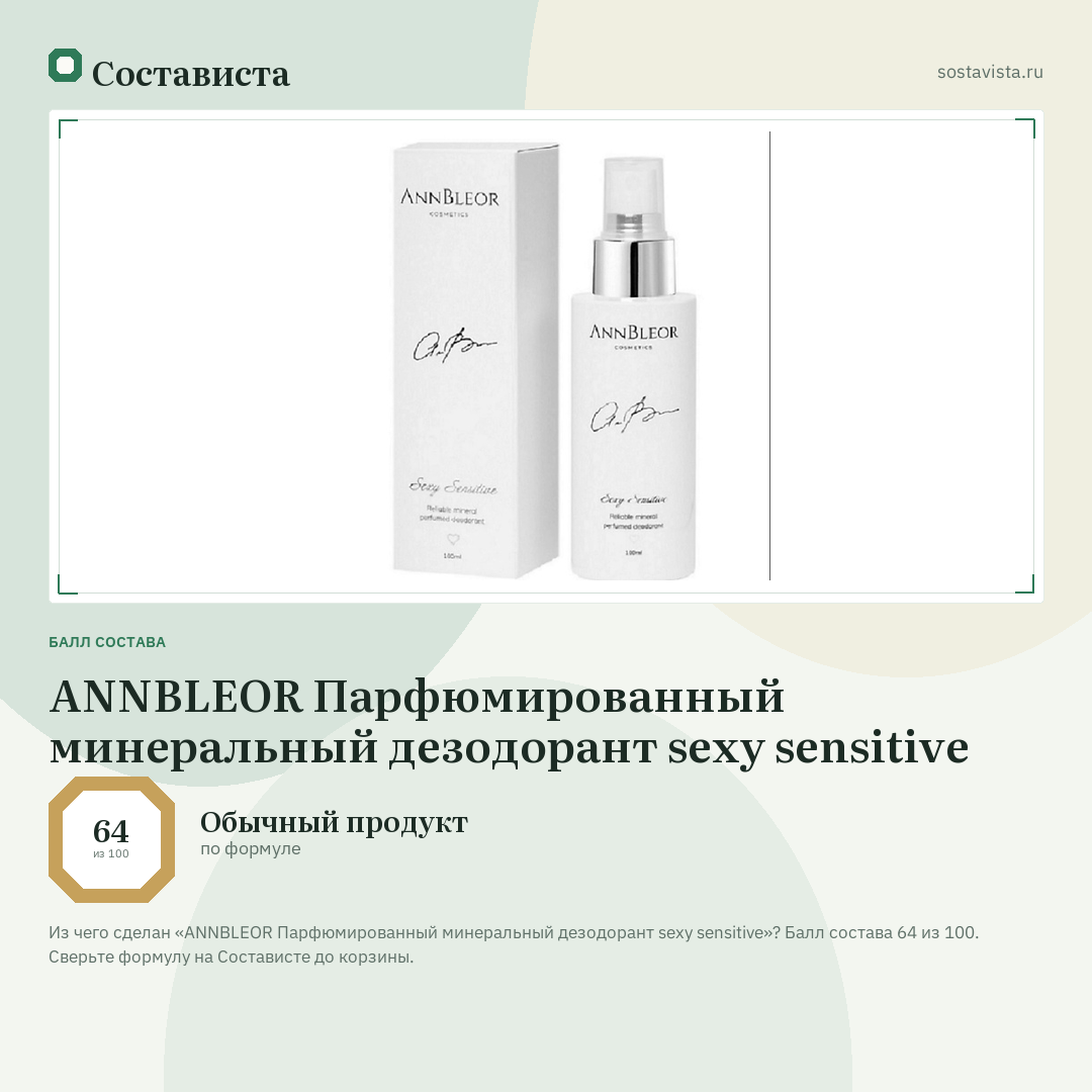 ANNBLEOR Парфюмированный минеральный дезодорант sexy sensitive: балл состава 64 из 100 — Состависта