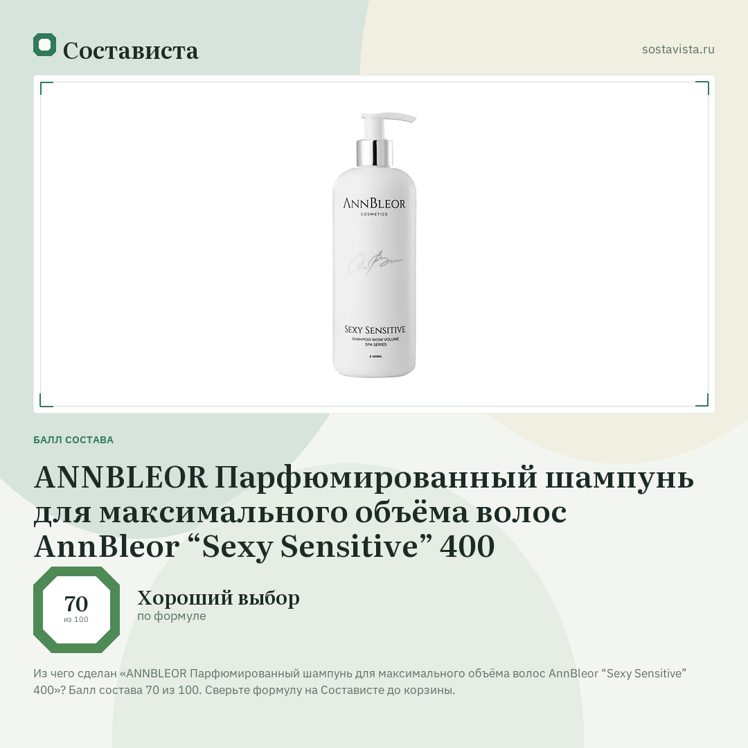 ANNBLEOR Парфюмированный шампунь для максимального объёма волос AnnBleor “Sexy Sensitive” 400: балл состава 70 из 100 — Состависта