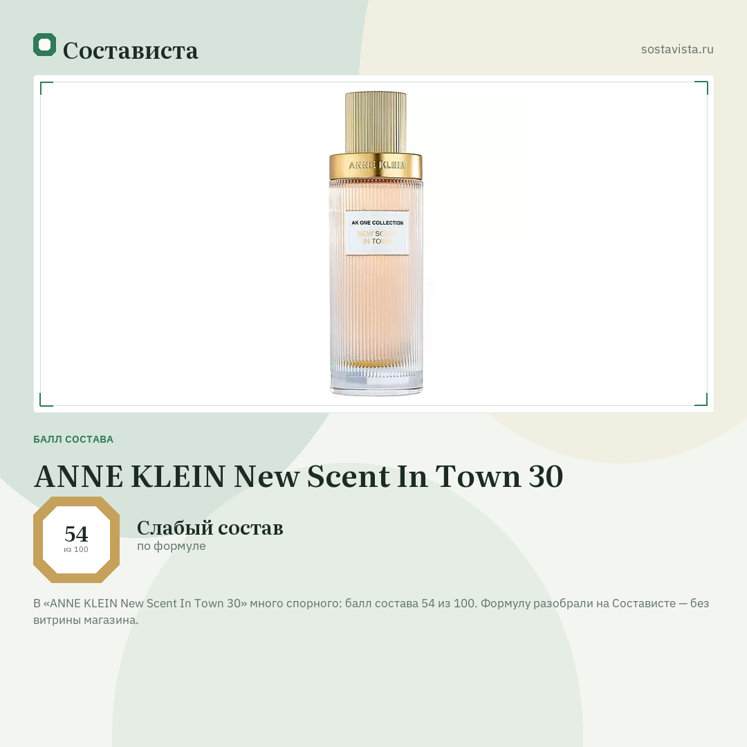 ANNE KLEIN New Scent In Town 30: балл состава 54 из 100 — Состависта