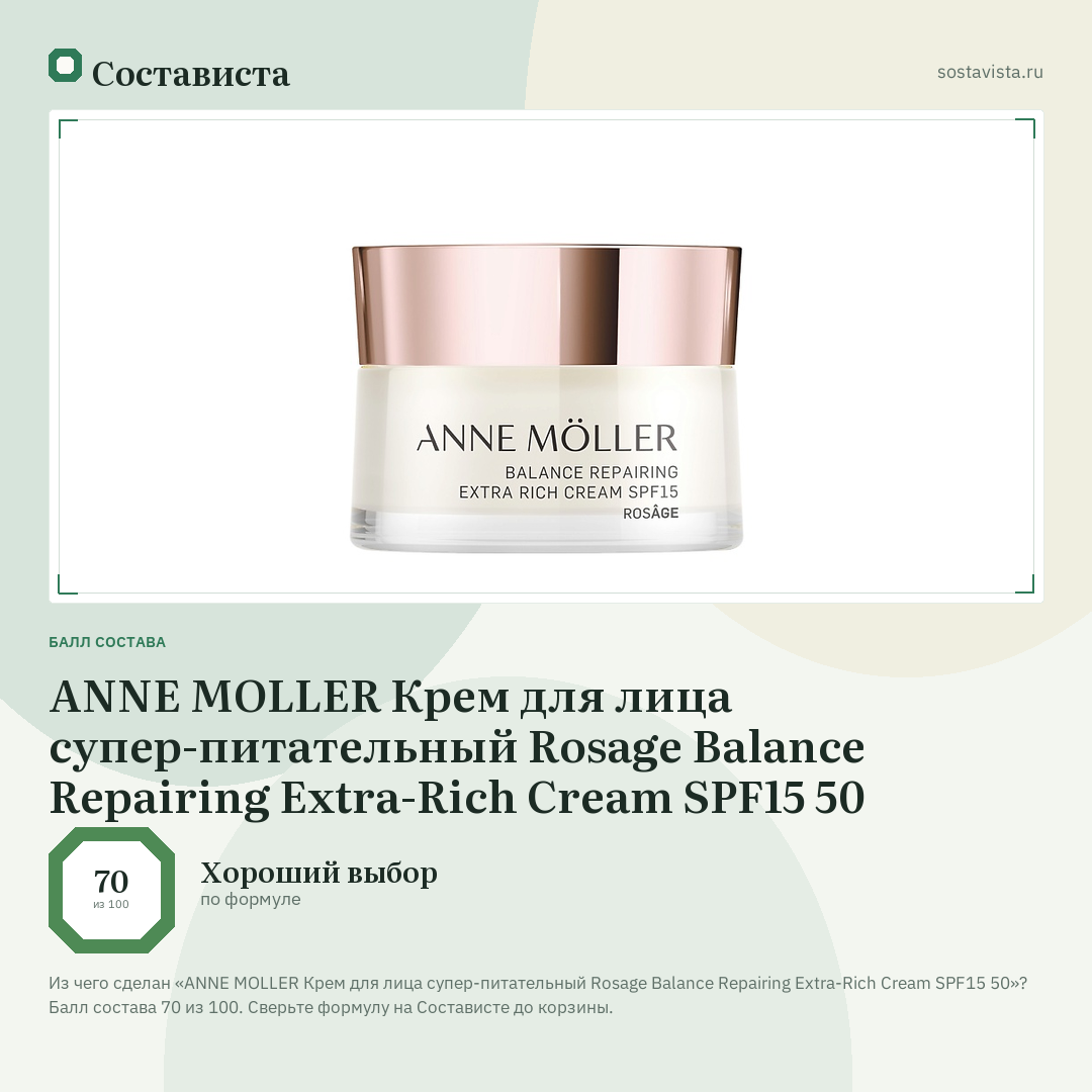 ANNE MOLLER Крем для лица супер-питательный Rosage Balance Repairing Extra-Rich Cream SPF15 50: балл состава 70 из 100 — Состависта