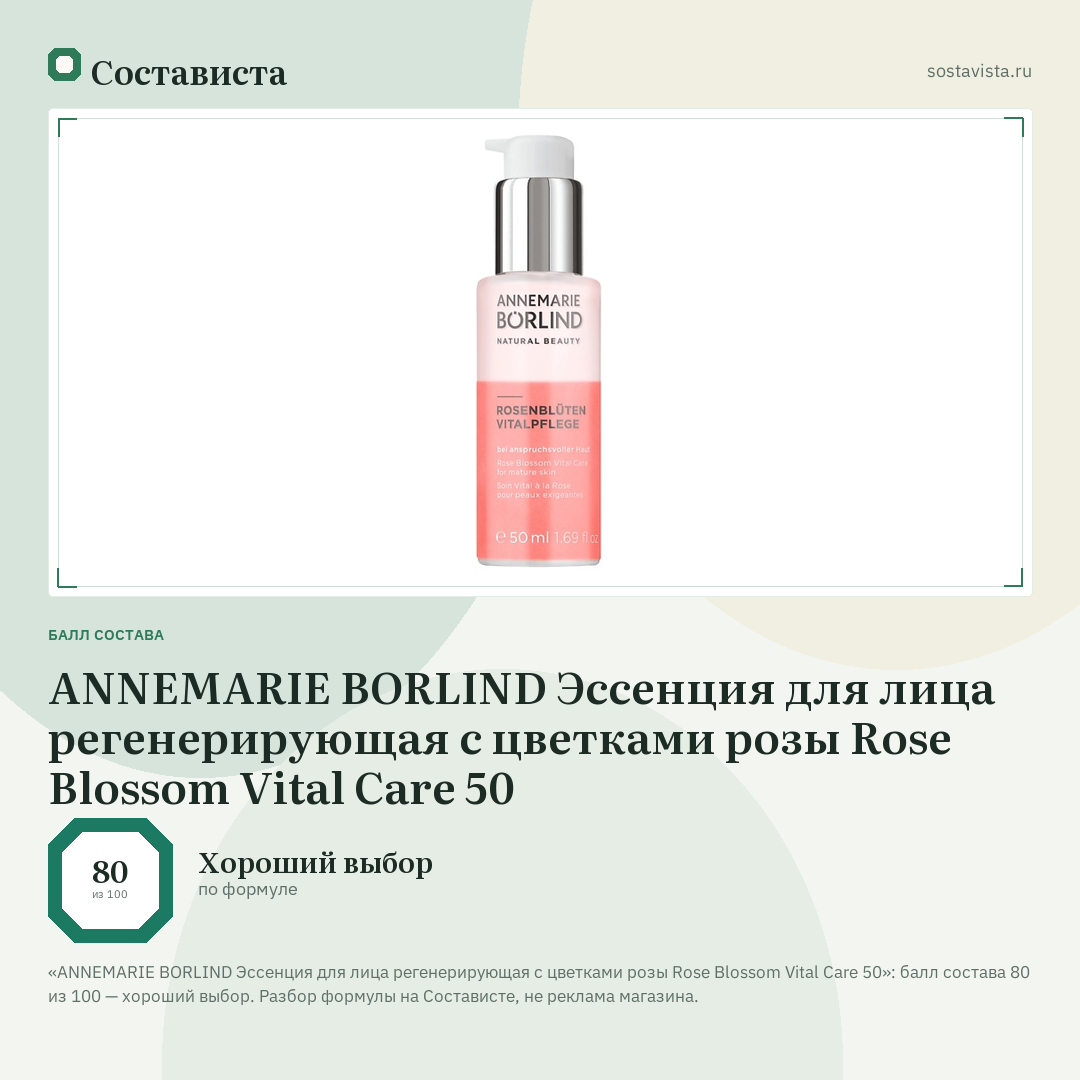 ANNEMARIE BORLIND Эссенция для лица регенерирующая с цветками розы Rose Blossom Vital Care 50: балл состава 80 из 100 — Состависта
