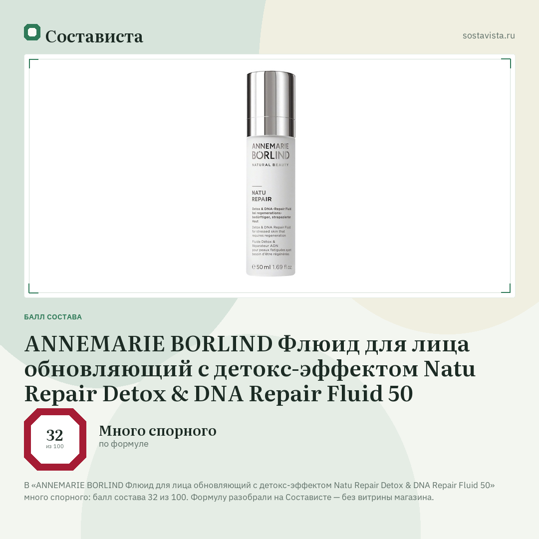 ANNEMARIE BORLIND Флюид для лица обновляющий с детокс-эффектом Natu Repair Detox & DNA Repair Fluid 50: балл состава 32 из 100 — Состависта