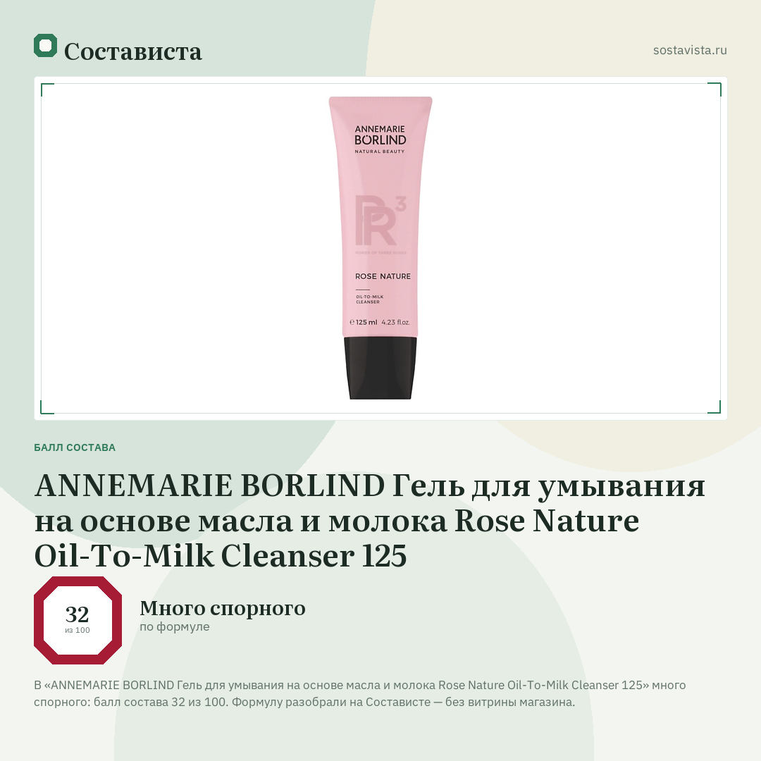ANNEMARIE BORLIND Гель для умывания на основе масла и молока Rose Nature Oil-To-Milk Cleanser 125: балл состава 32 из 100 — Состависта