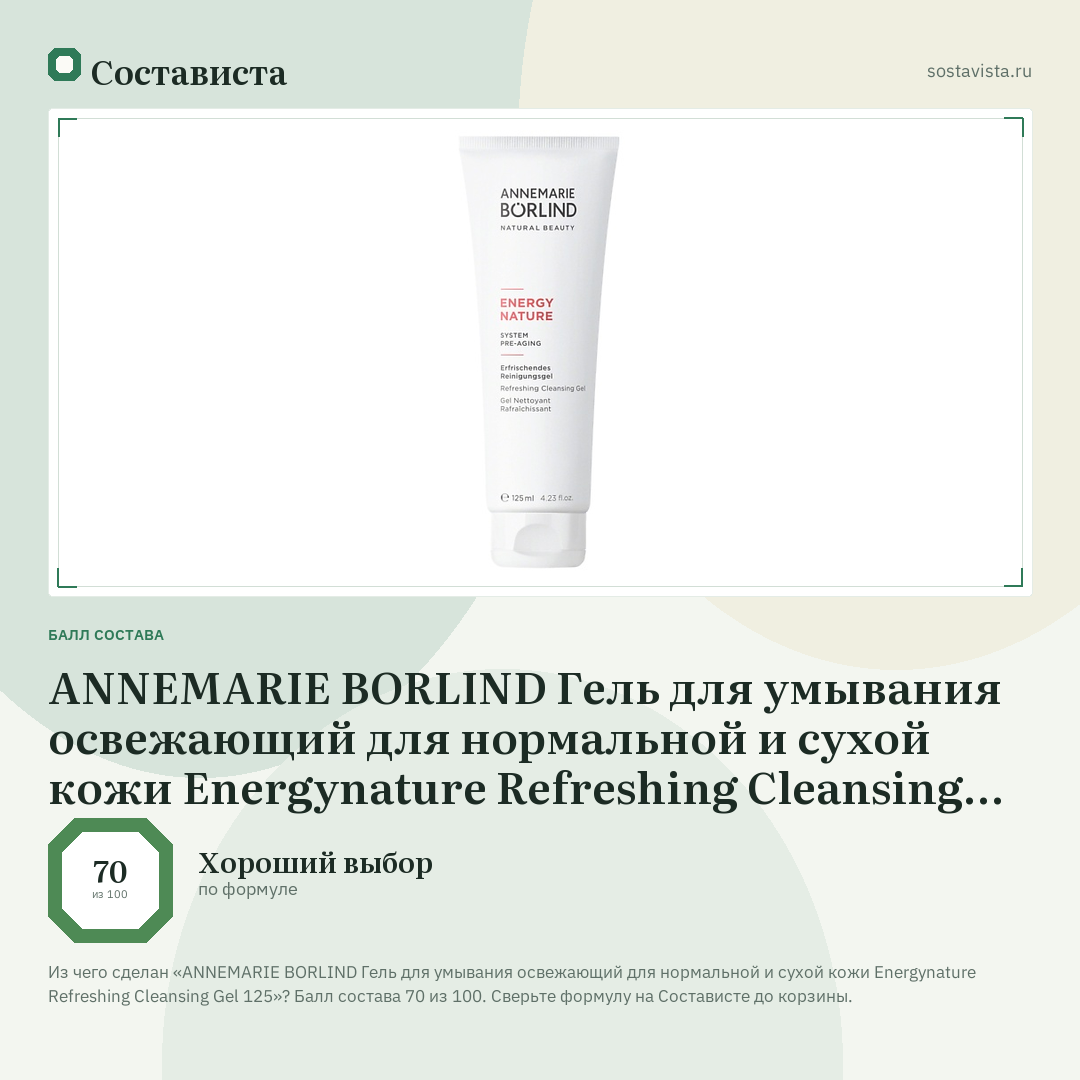 ANNEMARIE BORLIND Гель для умывания освежающий для нормальной и сухой кожи Energynature Refreshing Cleansing Gel 125: балл состава 70 из 100 — Состависта