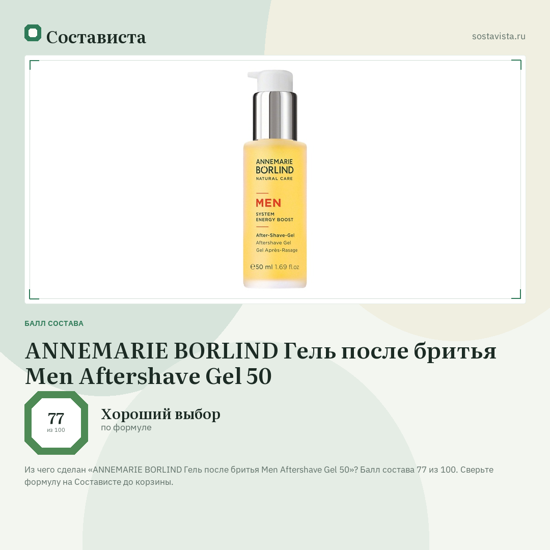 ANNEMARIE BORLIND Гель после бритья Men Aftershave Gel 50: балл состава 77 из 100 — Состависта