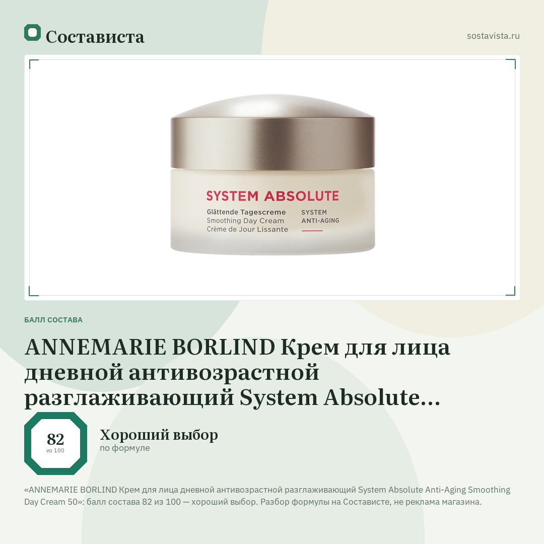 ANNEMARIE BORLIND Крем для лица дневной антивозрастной разглаживающий System Absolute Anti-Aging Smoothing Day Cream 50: балл состава 82 из 100 — Состависта