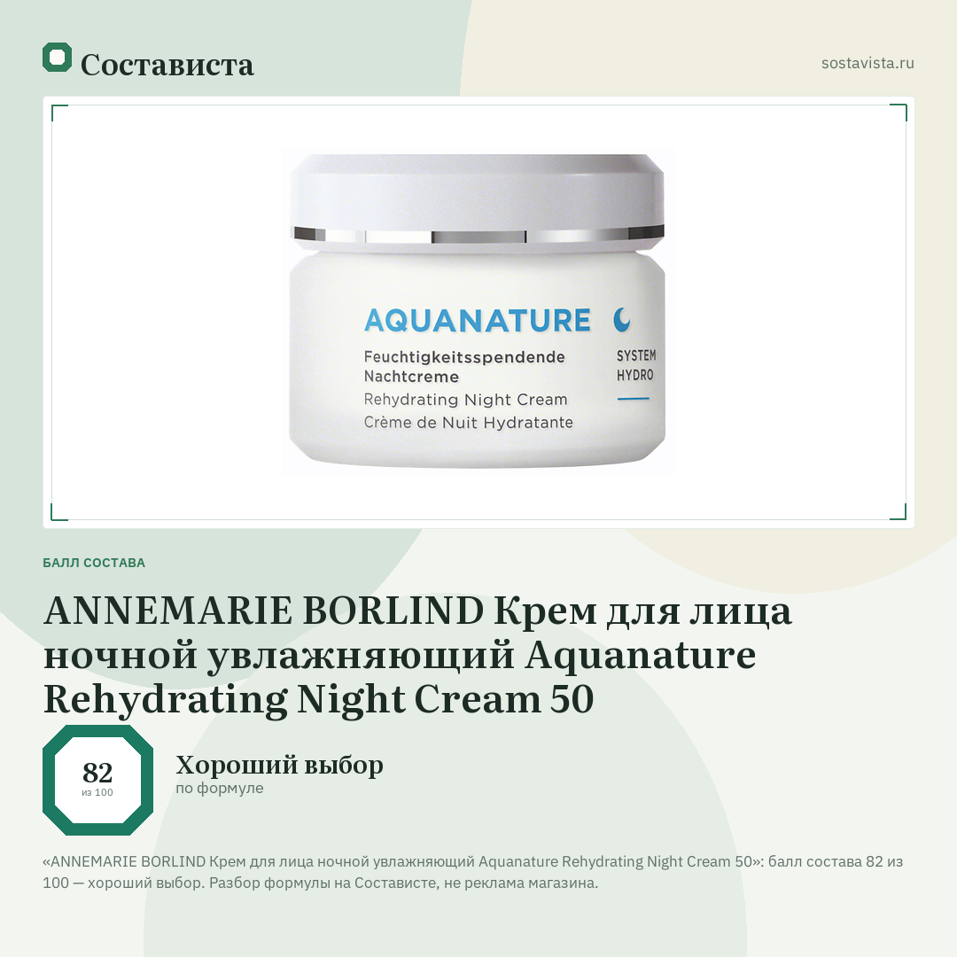 ANNEMARIE BORLIND Крем для лица ночной увлажняющий Aquanature Rehydrating Night Cream 50: балл состава 82 из 100 — Состависта