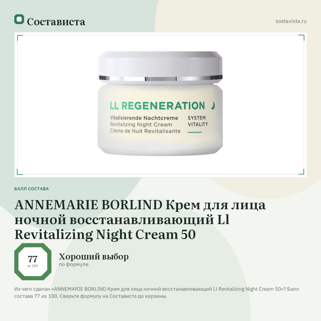 ANNEMARIE BORLIND Крем для лица ночной восстанавливающий Ll Revitalizing Night Cream 50: балл состава 77 из 100 — Состависта