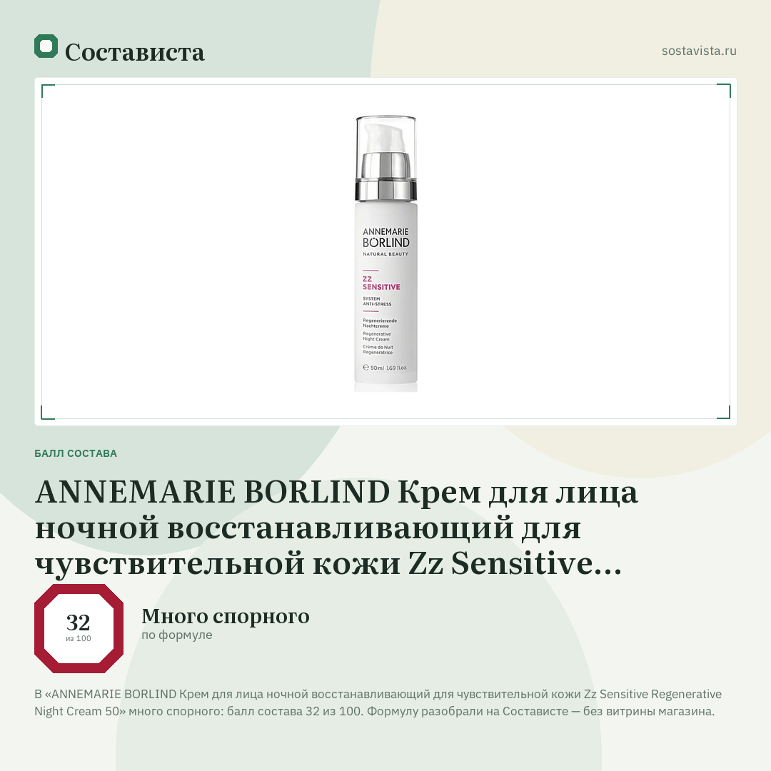 ANNEMARIE BORLIND Крем для лица ночной восстанавливающий для чувствительной кожи Zz Sensitive Regenerative Night Cream 50: балл состава 32 из 100 — Состависта