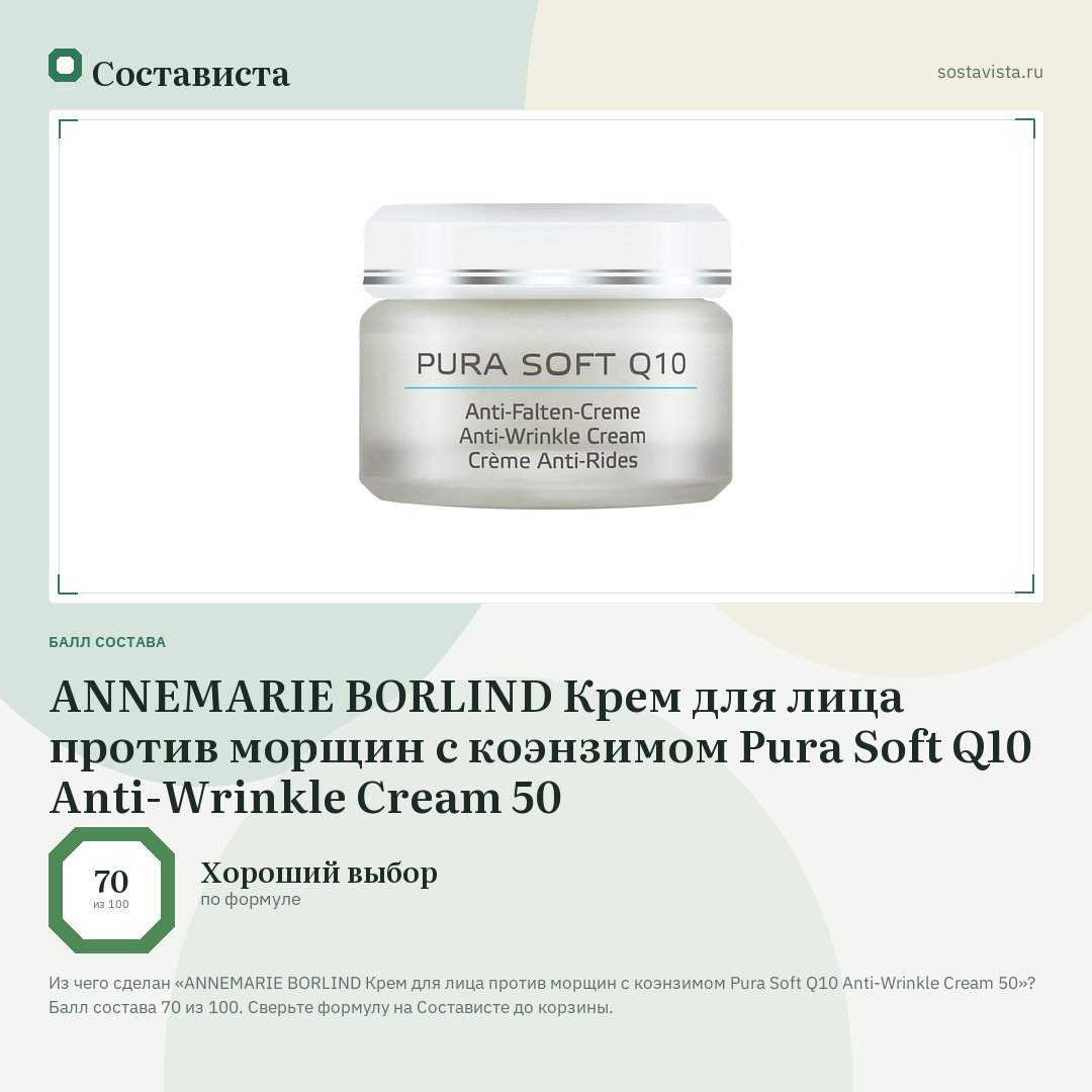 ANNEMARIE BORLIND Крем для лица против морщин c коэнзимом Pura Soft Q10 Anti-Wrinkle Cream 50: балл состава 70 из 100 — Состависта
