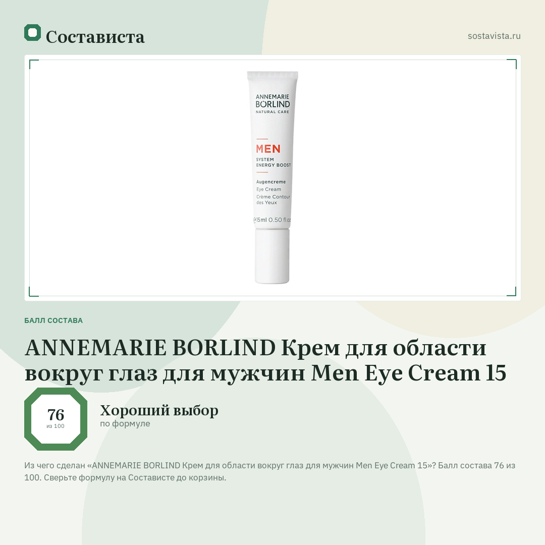 ANNEMARIE BORLIND Крем для области вокруг глаз для мужчин Men Eye Cream 15: балл состава 76 из 100 — Состависта