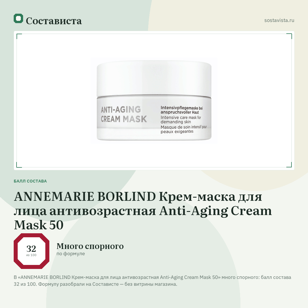 ANNEMARIE BORLIND Крем-маска для лица антивозрастная Anti-Aging Cream Mask 50: балл состава 32 из 100 — Состависта