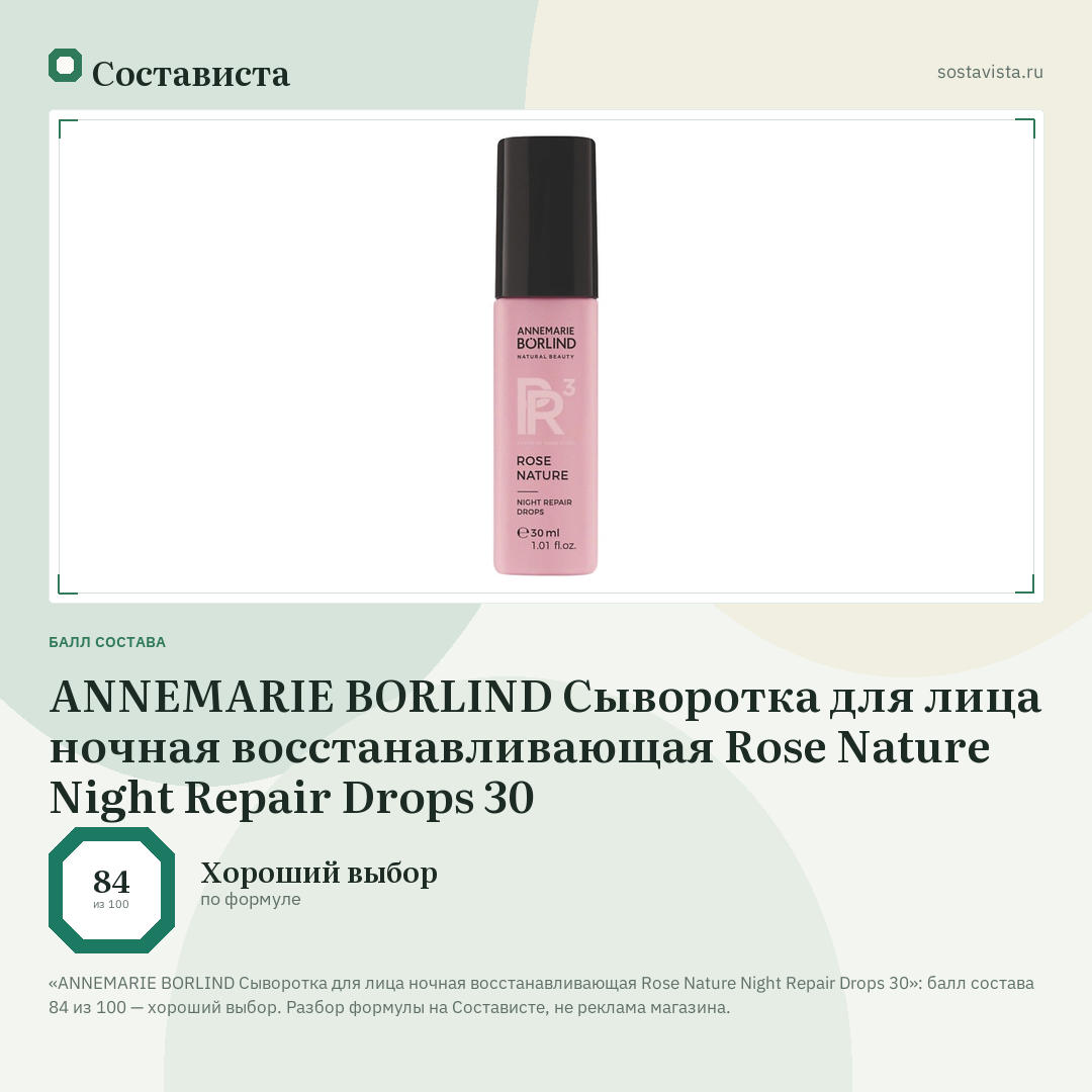 ANNEMARIE BORLIND Сыворотка для лица ночная восстанавливающая Rose Nature Night Repair Drops 30: балл состава 84 из 100 — Состависта