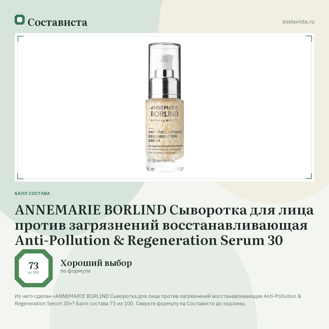 ANNEMARIE BORLIND Сыворотка для лица против загрязнений восстанавливающая Anti-Pollution & Regeneration Serum 30: балл состава 73 из 100 — Состависта