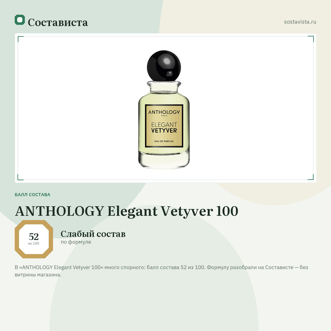 ANTHOLOGY Elegant Vetyver 100: балл состава 52 из 100 — Состависта