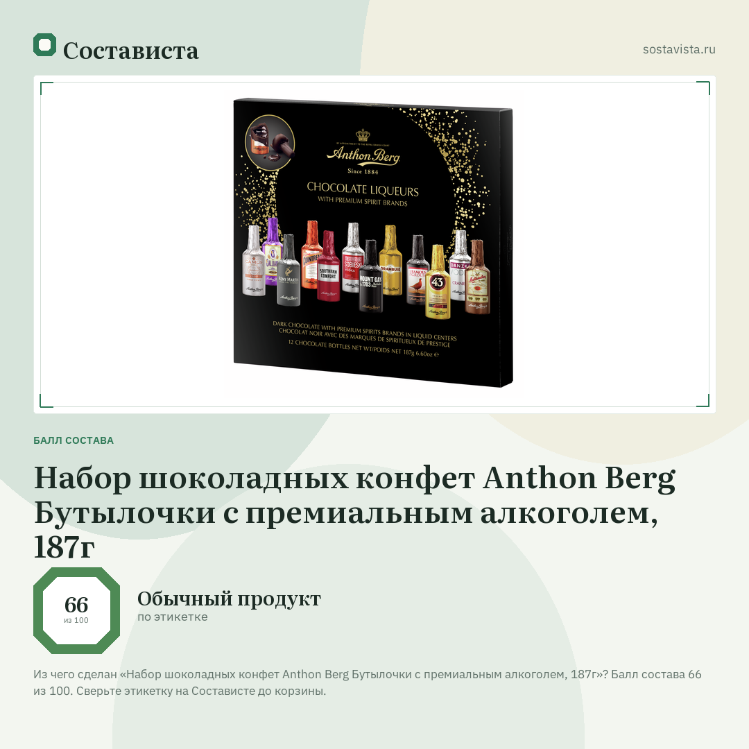 Набор шоколадных конфет Anthon Berg Бутылочки с премиальным алкоголем, 187г: балл состава 66 из 100 — Состависта