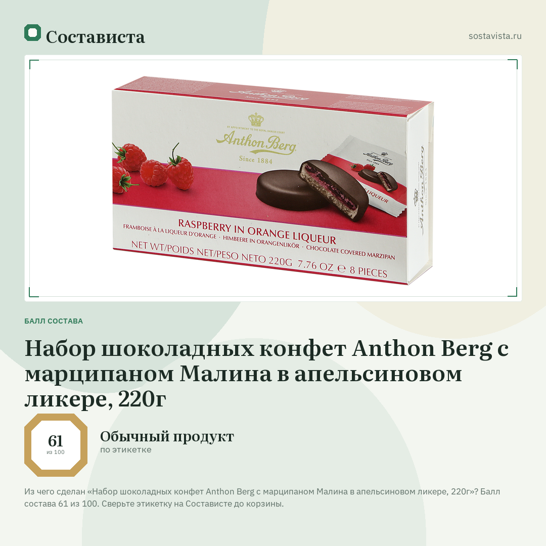 Набор шоколадных конфет Anthon Berg с марципаном Малина в апельсиновом ликере, 220г: балл состава 61 из 100 — Состависта
