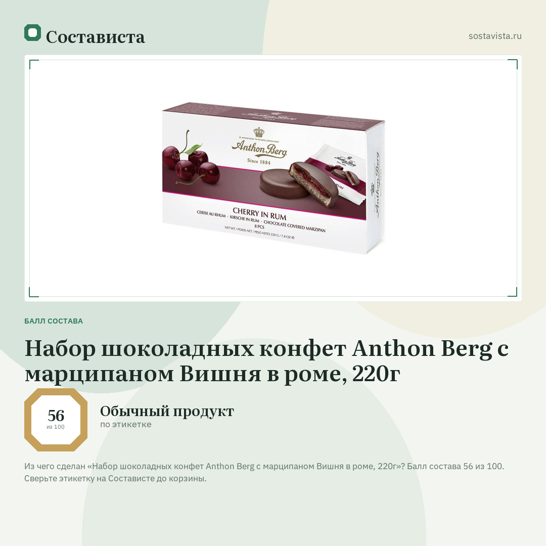 Набор шоколадных конфет Anthon Berg с марципаном Вишня в роме, 220г: балл состава 56 из 100 — Состависта
