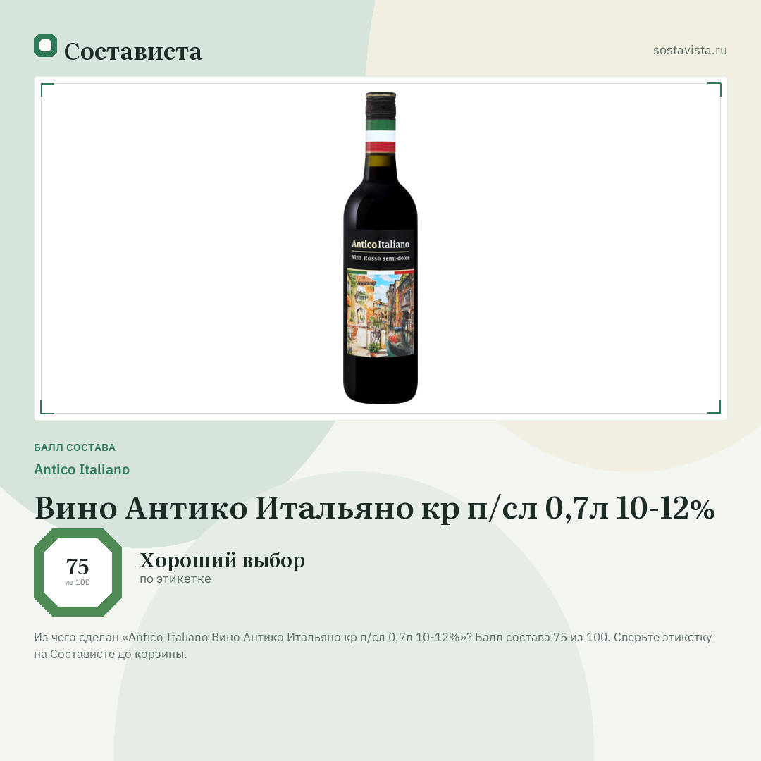 Antico Italiano Вино Антико Итальяно кр п/сл 0,7л 10-12%: балл состава 75 из 100 — Состависта