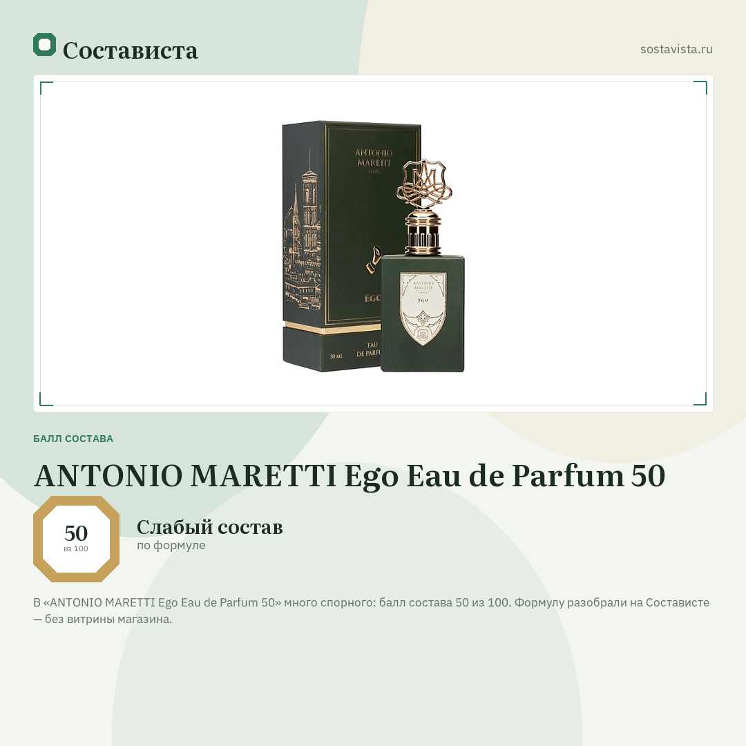ANTONIO MARETTI Ego Eau de Parfum 50: балл состава 50 из 100 — Состависта