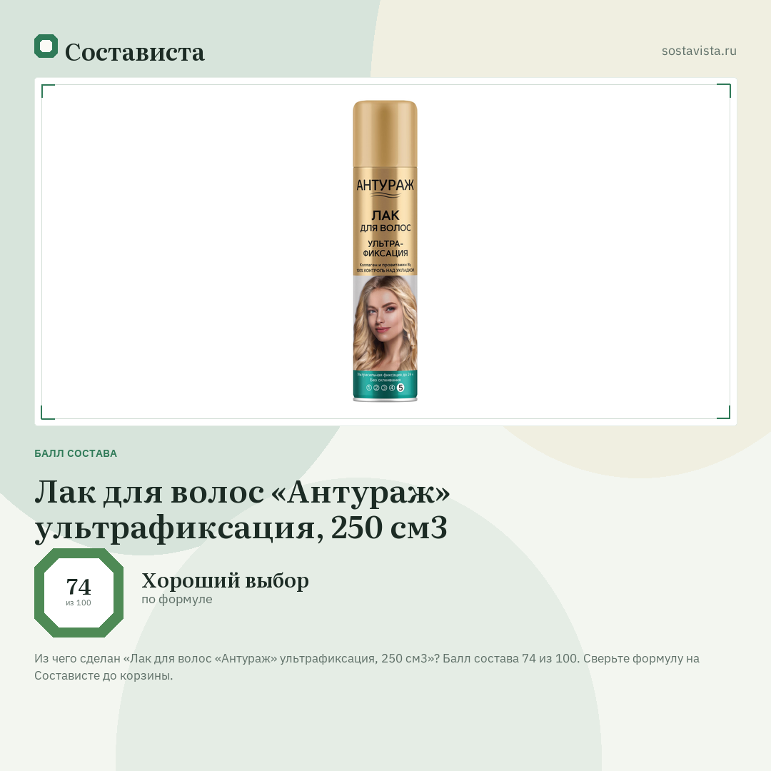 Лак для волос «Антураж» ультрафиксация, 250 см3: балл состава 74 из 100 — Состависта