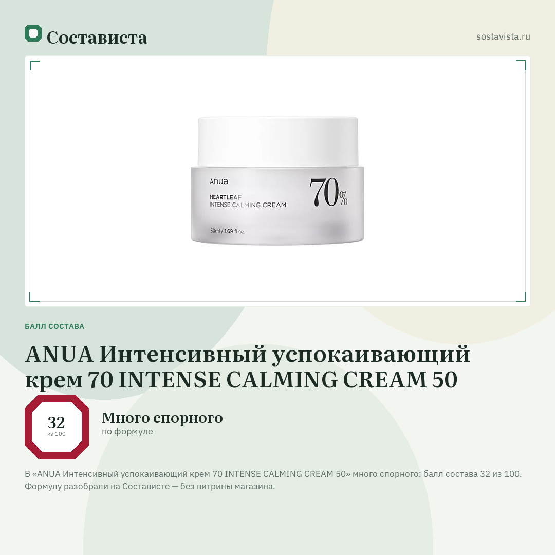 ANUA Интенсивный успокаивающий крем 70 INTENSE CALMING CREAM 50: балл состава 32 из 100 — Состависта