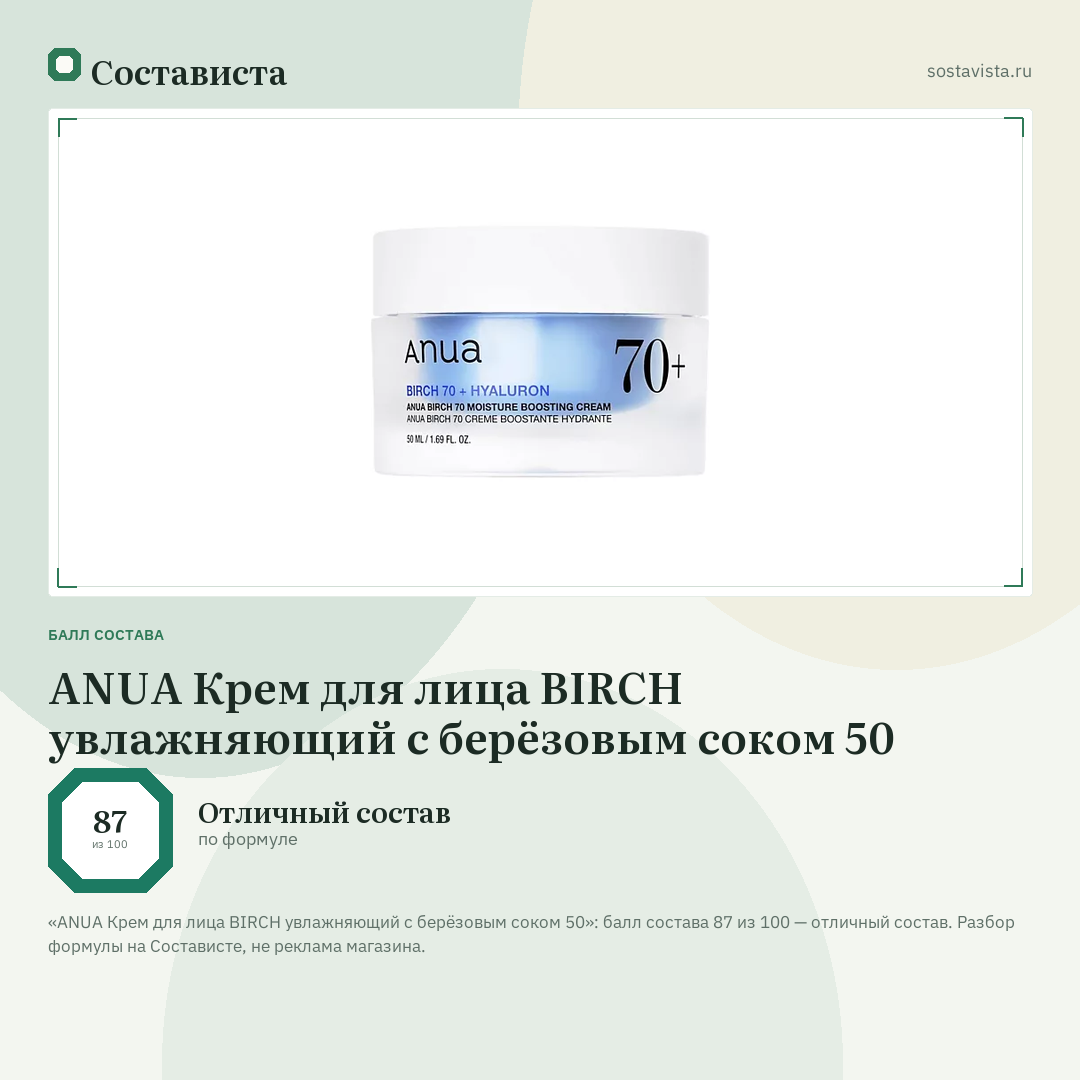 ANUA Крем для лица BIRCH увлажняющий с берёзовым соком 50: балл состава 87 из 100 — Состависта