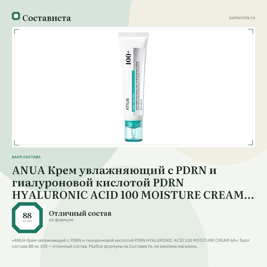 ANUA Крем увлажняющий с PDRN и гиалуроновой кислотой PDRN HYALURONIC ACID 100 MOISTURE CREAM 60: балл состава 88 из 100 — Состависта
