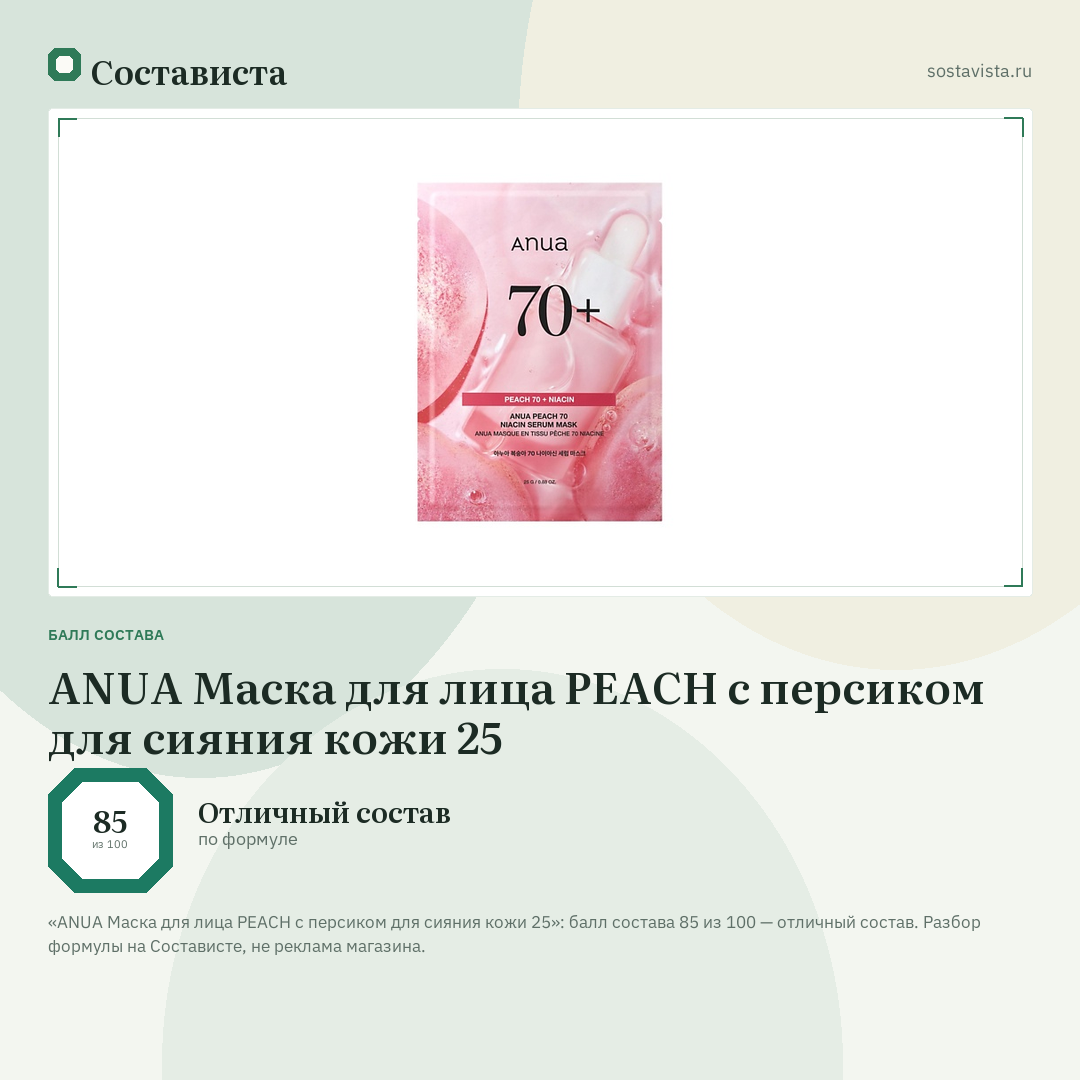 ANUA Маска для лица PEACH с персиком для сияния кожи 25: балл состава 85 из 100 — Состависта
