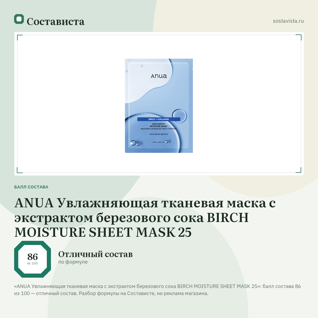ANUA Увлажняющая тканевая маска с экстрактом березового сока BIRCH MOISTURE SHEET MASK 25: балл состава 86 из 100 — Состависта