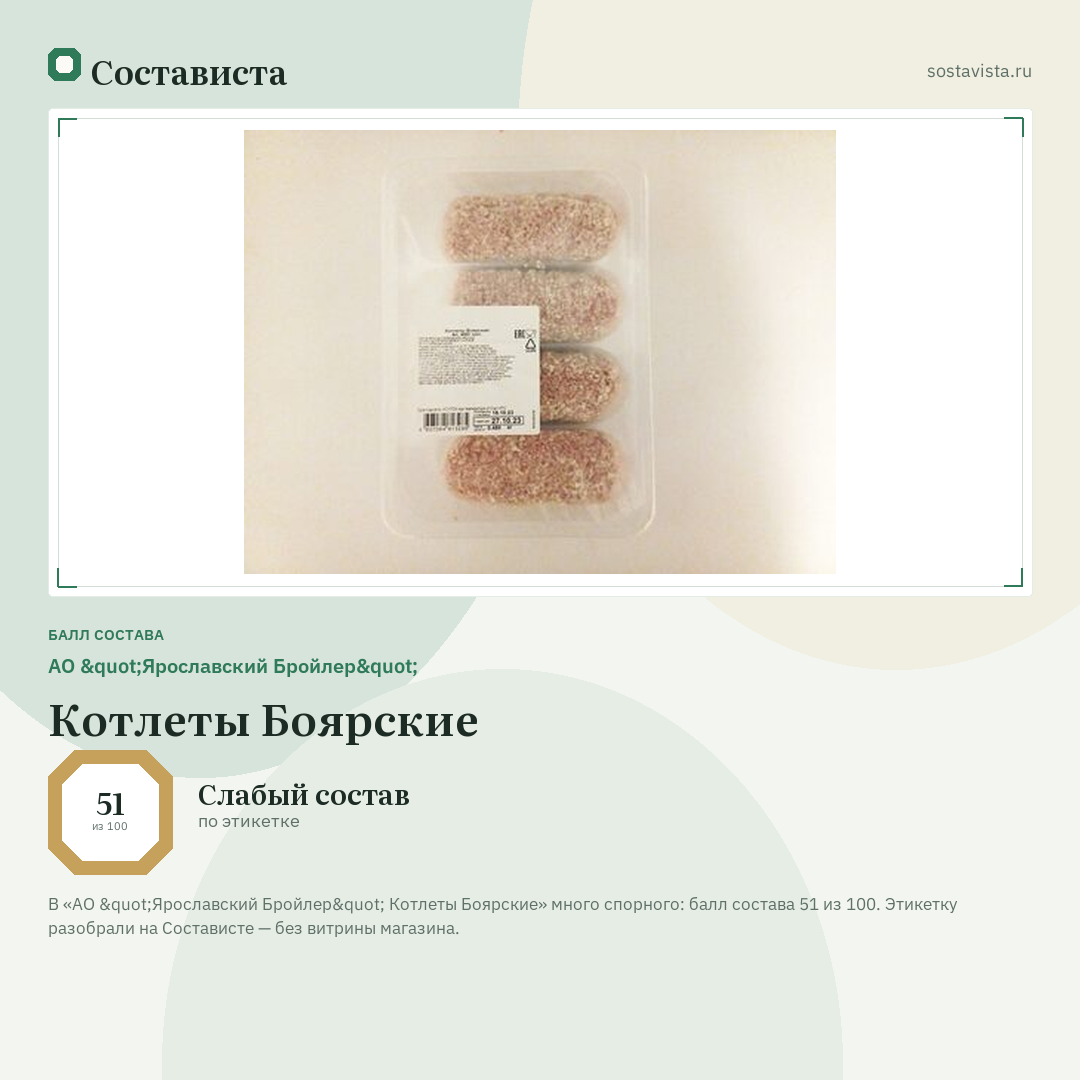 АО "Ярославский Бройлер" Котлеты Боярские: балл состава 51 из 100 — Состависта