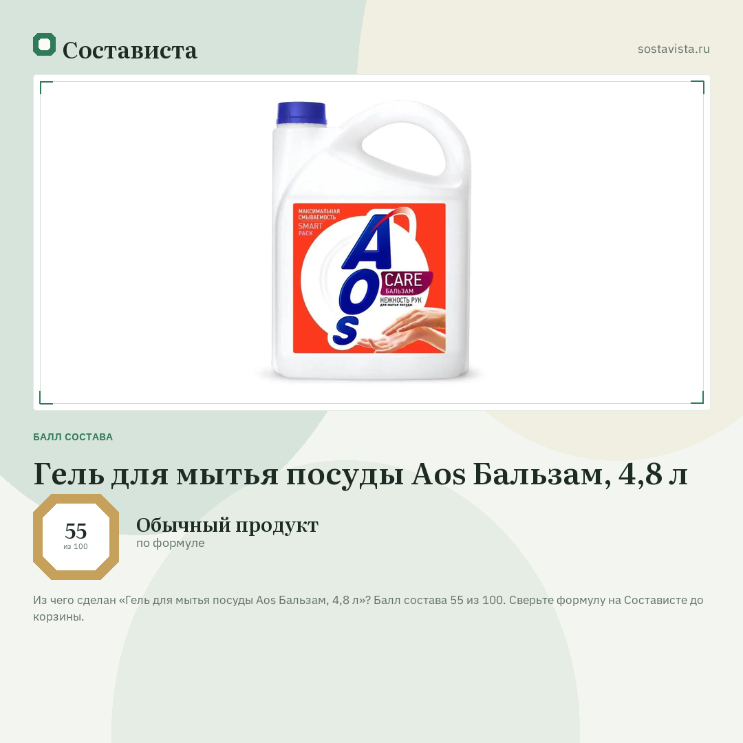 Гель для мытья посуды Aos Бальзам, 4,8 л: балл состава 55 из 100 — Состависта