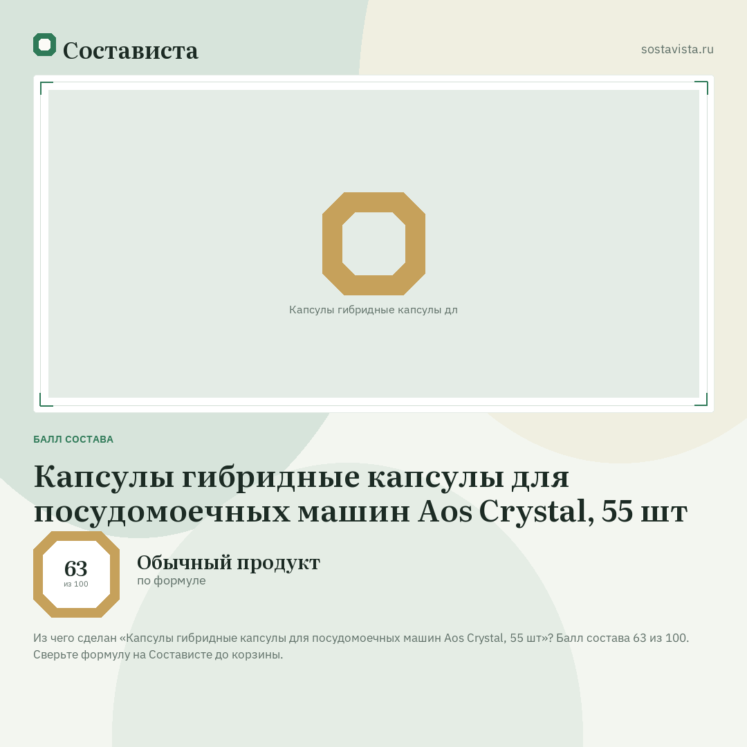 Капсулы гибридные капсулы для посудомоечных машин Aos Crystal, 55 шт: балл состава 63 из 100 — Состависта