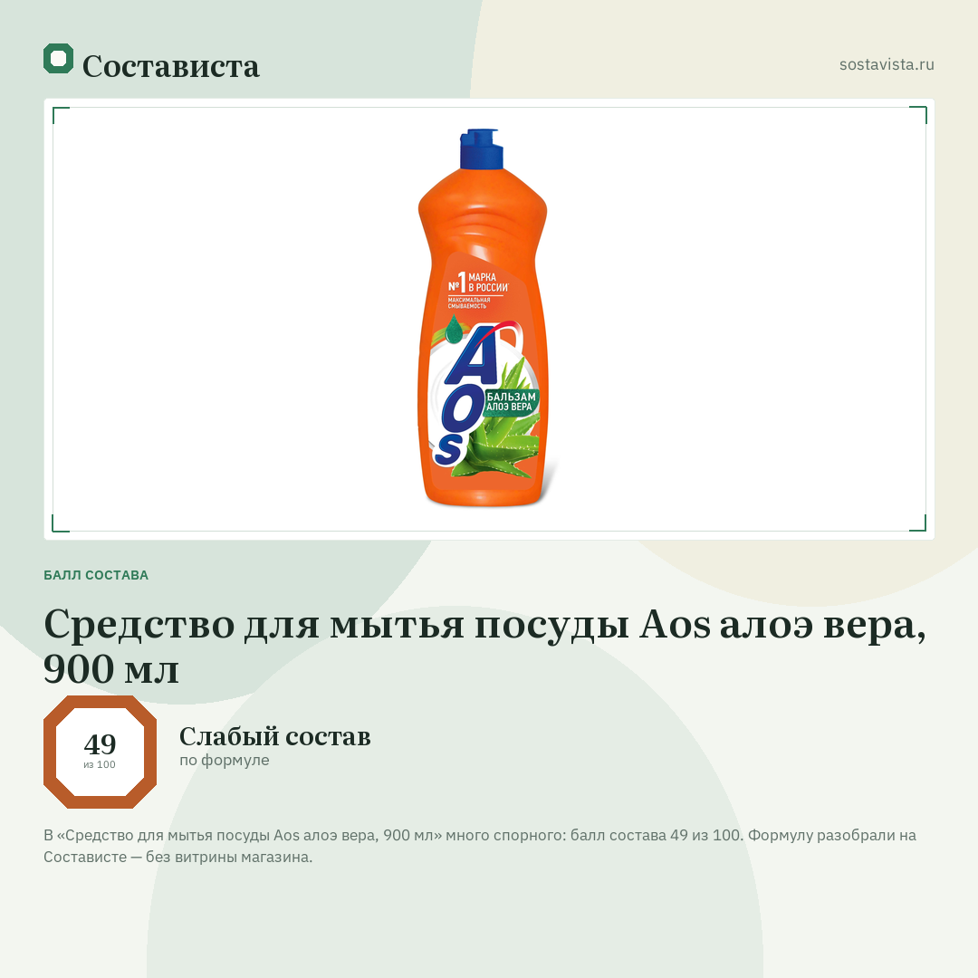 Средство для мытья посуды Aos алоэ вера, 900 мл: балл состава 49 из 100 — Состависта